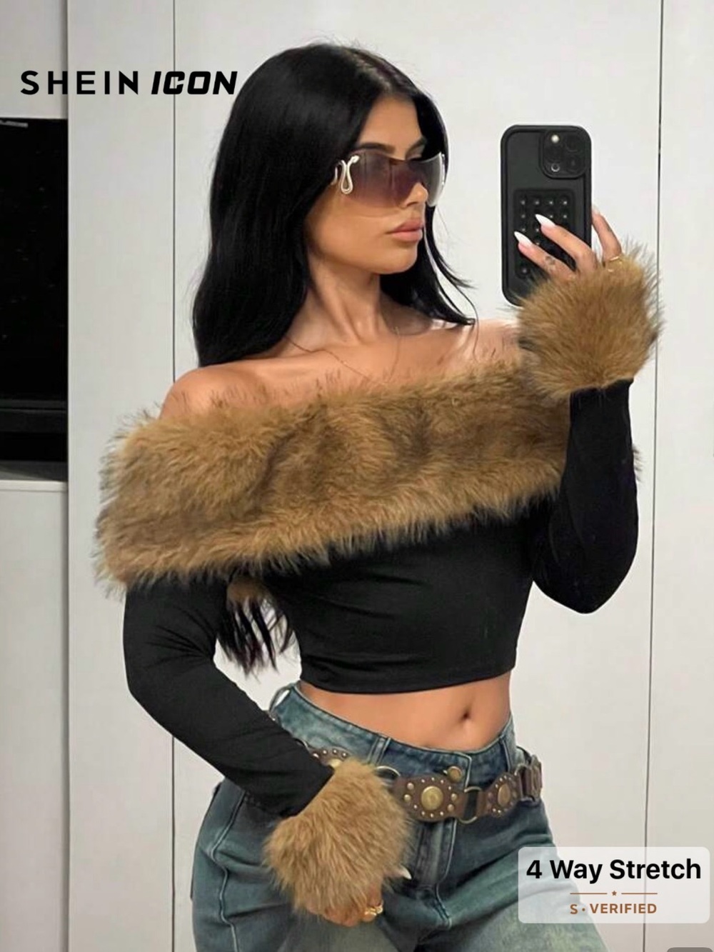 SHEIN Black Off-Shoulder Crop Top with Brown Faux Fur Trim